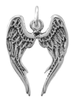 Fashionable Sparkle Three Dimensional Angel Wings Charm Antiqued Sterling Silver
