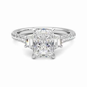 Three Stone Radiant Cut & Half Moon Moissanite Engagement Ring with Hidden Anniversary Stone Accent Shiny Lines