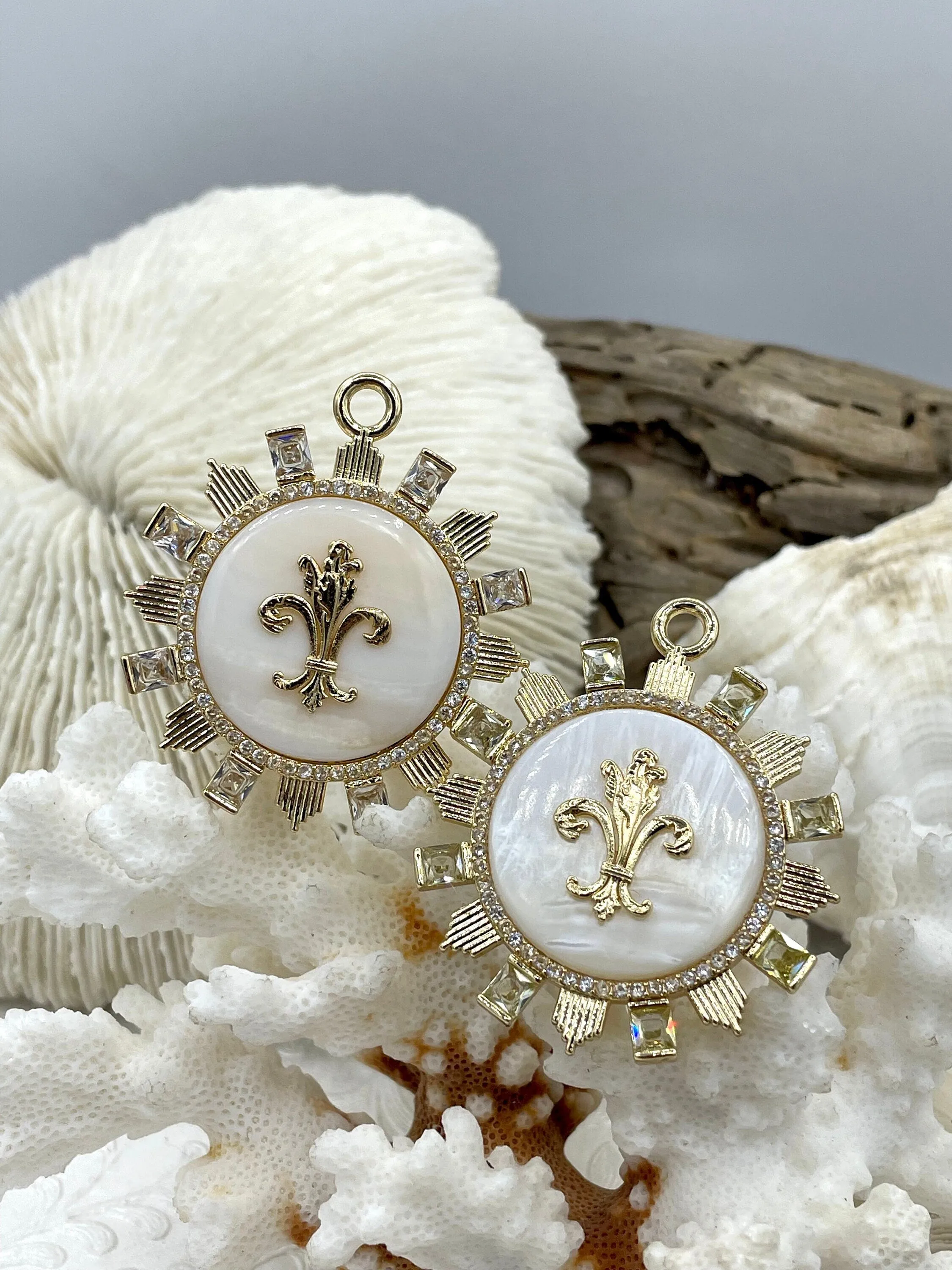 Polished Edge Genuine Mother of Pearl Pendants with Fleur de Lis Gold Plated Brass Bezel and Colorful Cubic Zirconia Accents, 2 CZ colors, Fast Ship