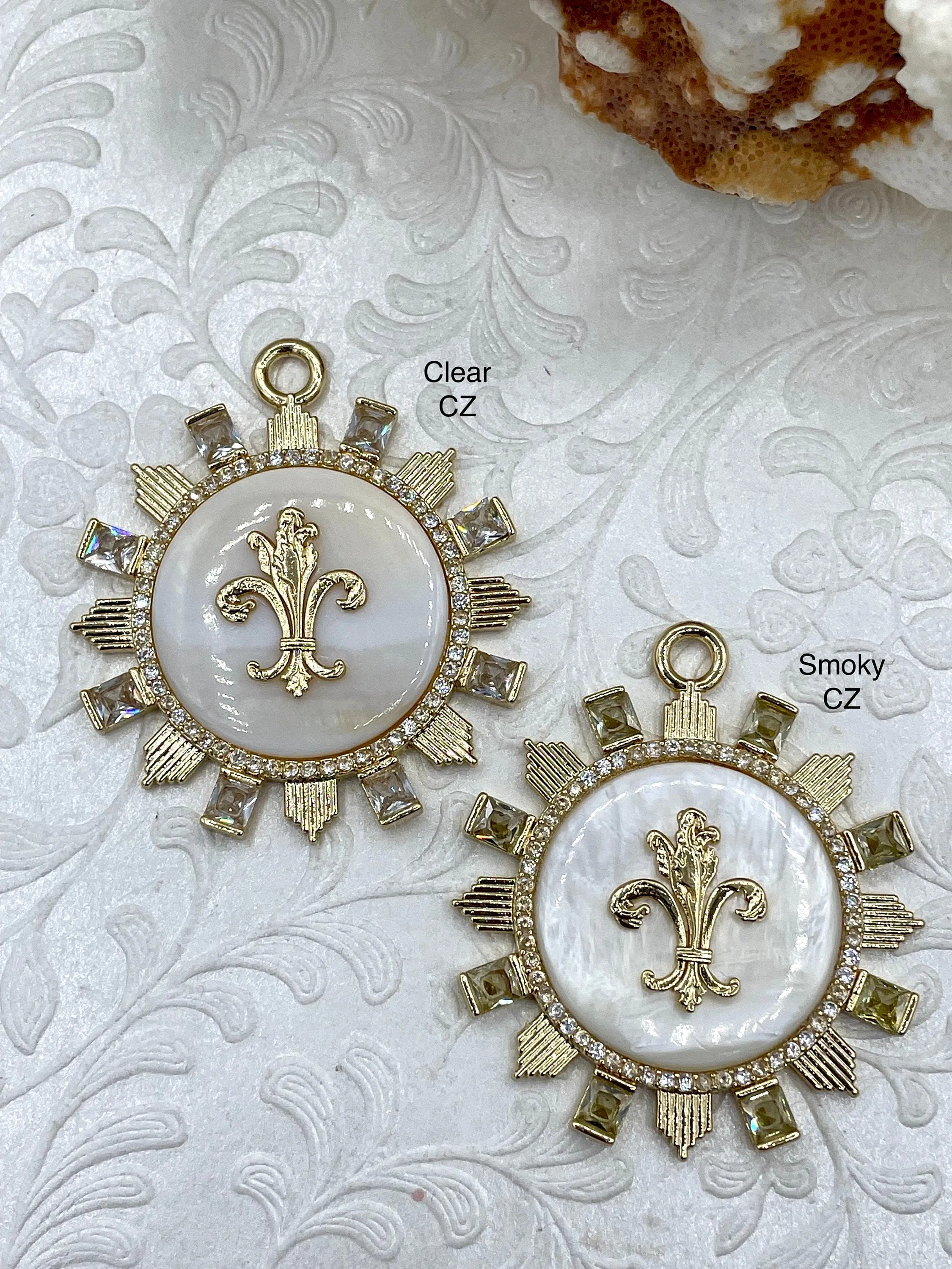Genuine Mother of Pearl Pendants with Fleur de Lis Gold Plated Brass Bezel and Colorful Cubic Zirconia Accents, 2 CZ colors, Fast Ship Office Ready