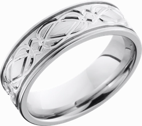 Cobalt chrome 7mm flat band with 2, .5mm grooves and a laser-carved Celtic weave pattern around the band Balanced Feature Shining Sparkle