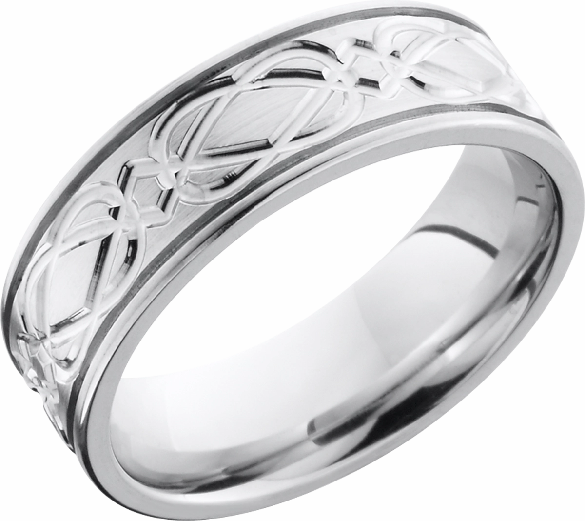 Cobalt chrome 7mm flat band with 2, .5mm grooves and a laser-carved Celtic weave pattern around the band Balanced Feature Shining Sparkle