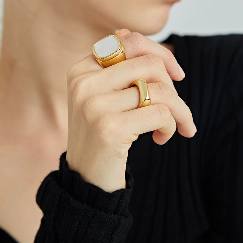 Timeless Mother of Pearl Wide Band Ring, Gold Signet Ring | Rhombus Ring, Gold Statement Ring Weekend Light Glistening Sparkle