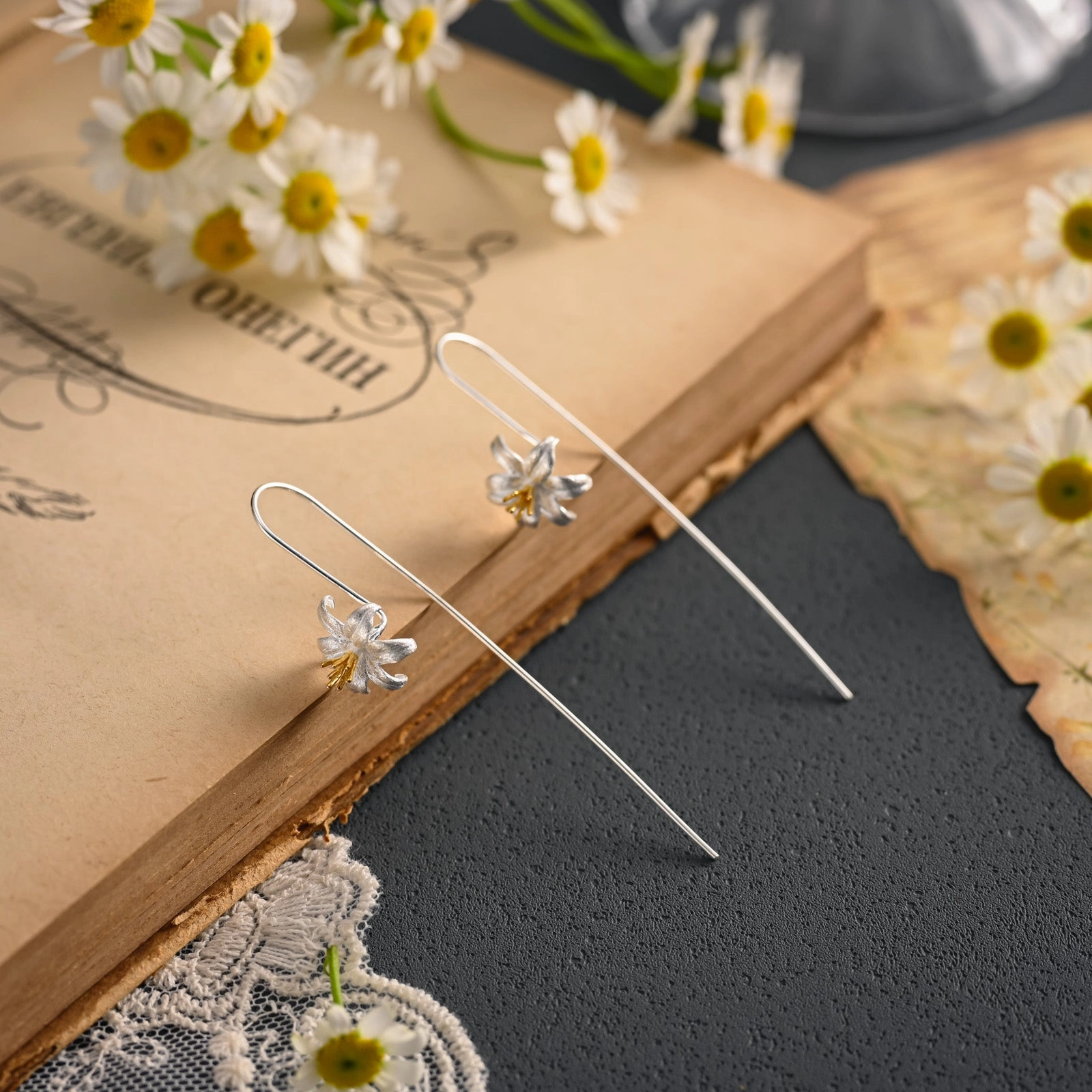 Silver Lily Earrings Sparkle Mood Golden Tone