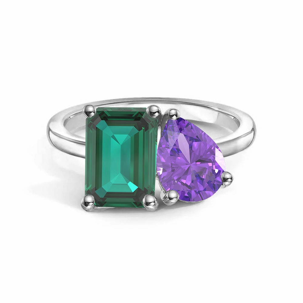 Toi et Moi Personalized Emerald Birthstone Anniversary Ring Modern Accent Layering Game