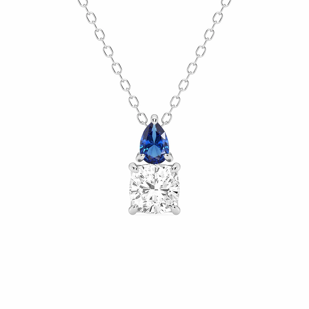 Toi Et Moi Sapphire and Cushion Cut Lab Grown Diamond Pendant Necklace Lustrous Feature Smooth Spark
