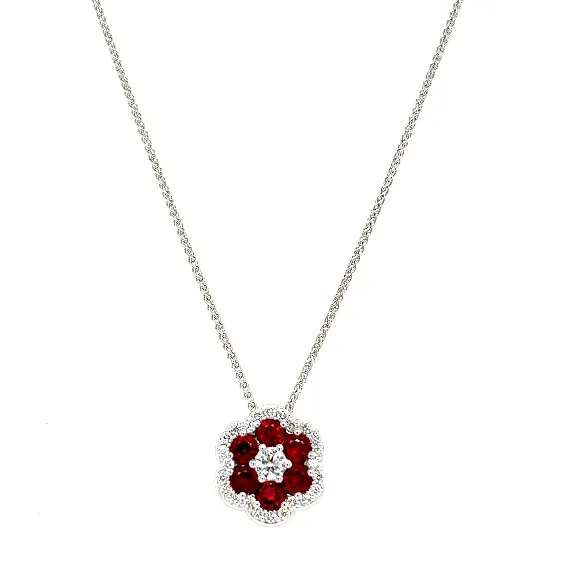 Bremer Jewelry 18K White Gold Rubies and Diamond Cluster Necklace (1.93ctw) Event Glow Dressy look