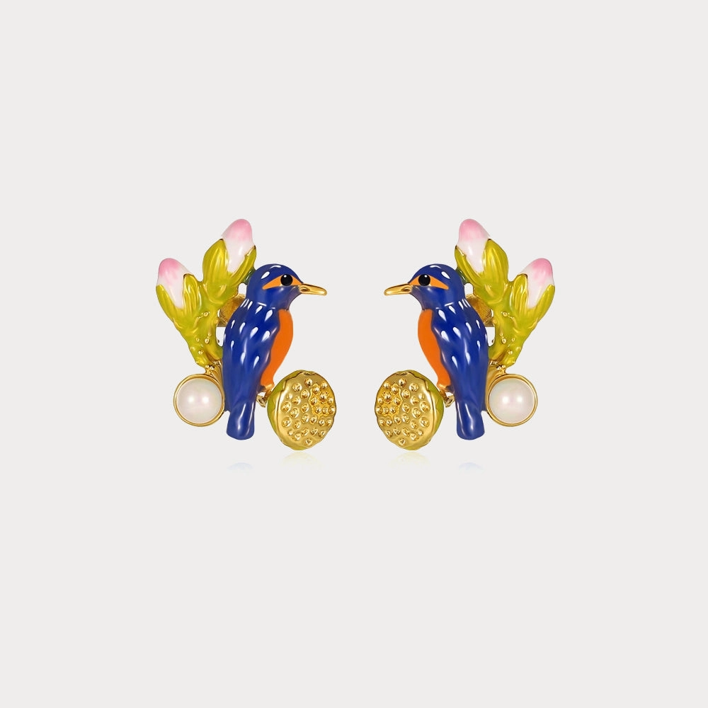 Lotus Kingfisher Enamel Earrings Attractive Product Graceful Detail