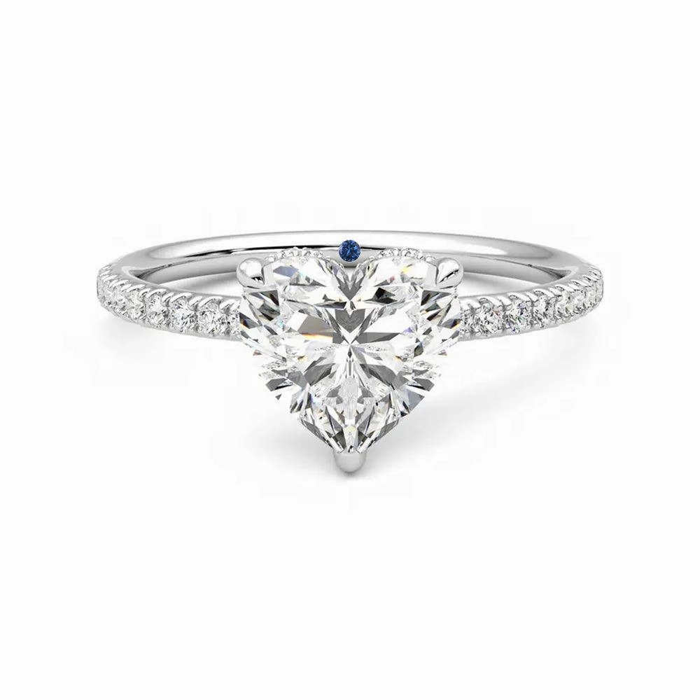Refined Pieces Heart Shaped Moissanite Engagement Ring with Hidden Halo and Anniversary Stone Accent