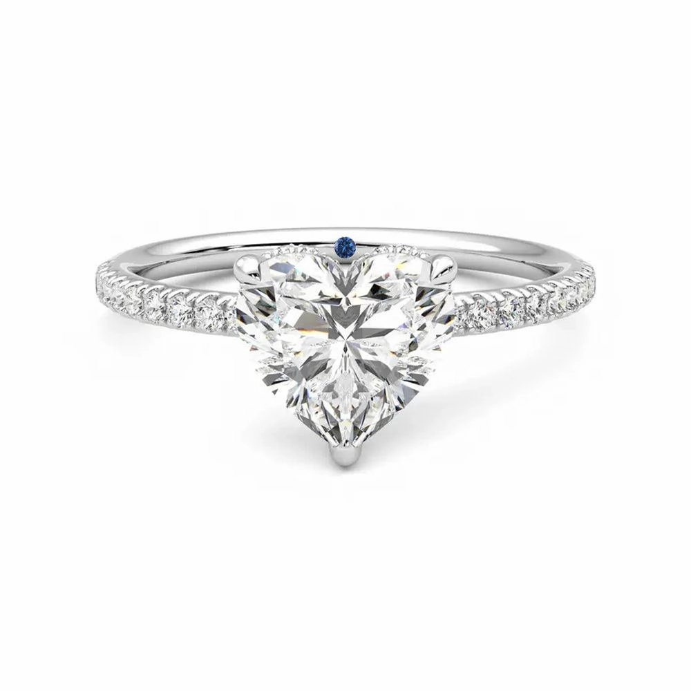 Heart Shaped Moissanite Engagement Ring with Hidden Halo and Anniversary Stone Accent Sleek Accent Sparkling Detail