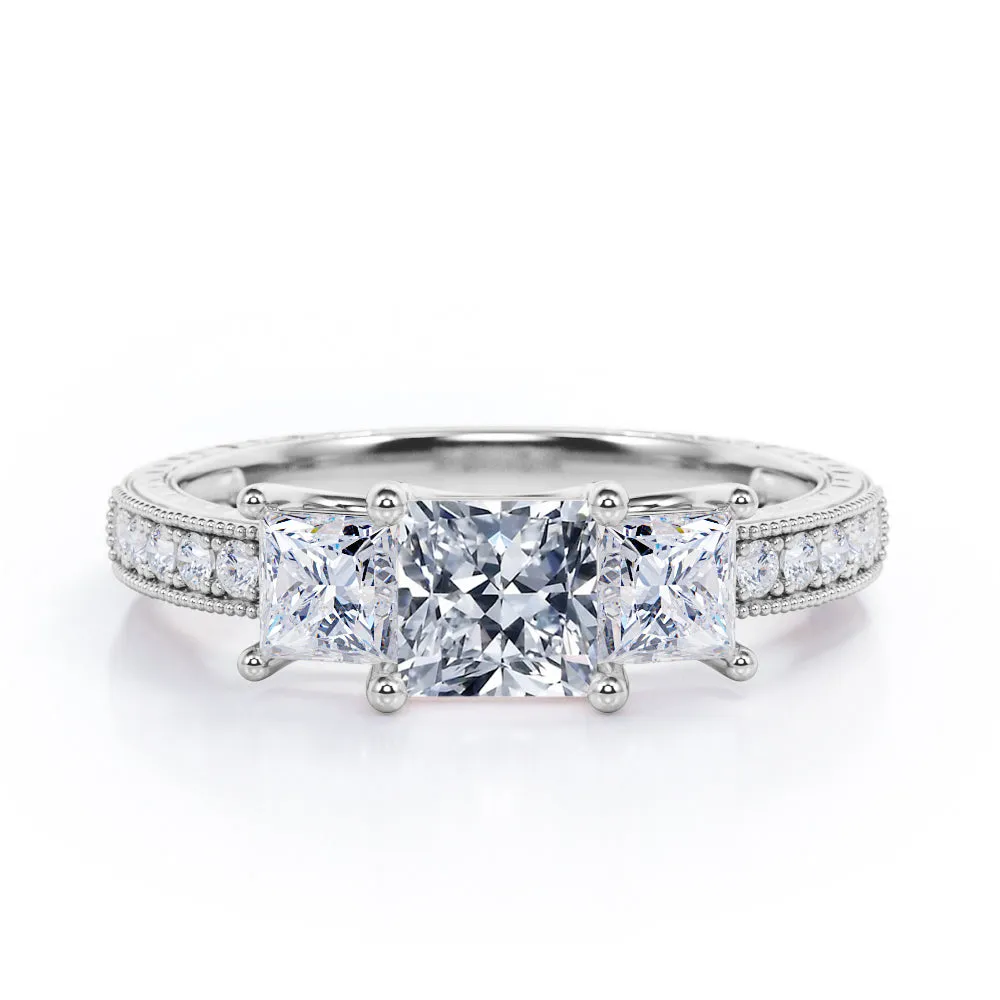 Fashion Mood Trilogy 1.25 Carat Princess Cut Moissanite Milgrain Engagement Ring