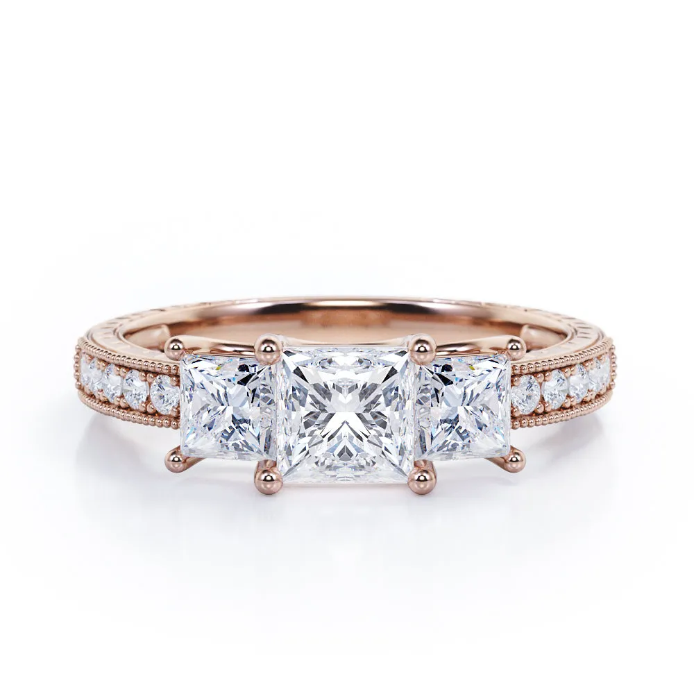 Trilogy 1.25 Carat Princess Cut Moissanite Milgrain Engagement Ring Elegant Focus Ethereal Vibe