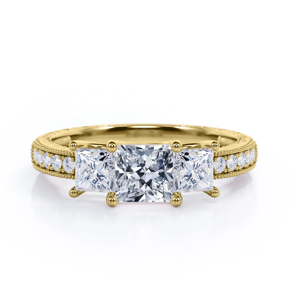 Bold Texture Trilogy 1.25 Carat Princess Cut Moissanite Milgrain Engagement Ring