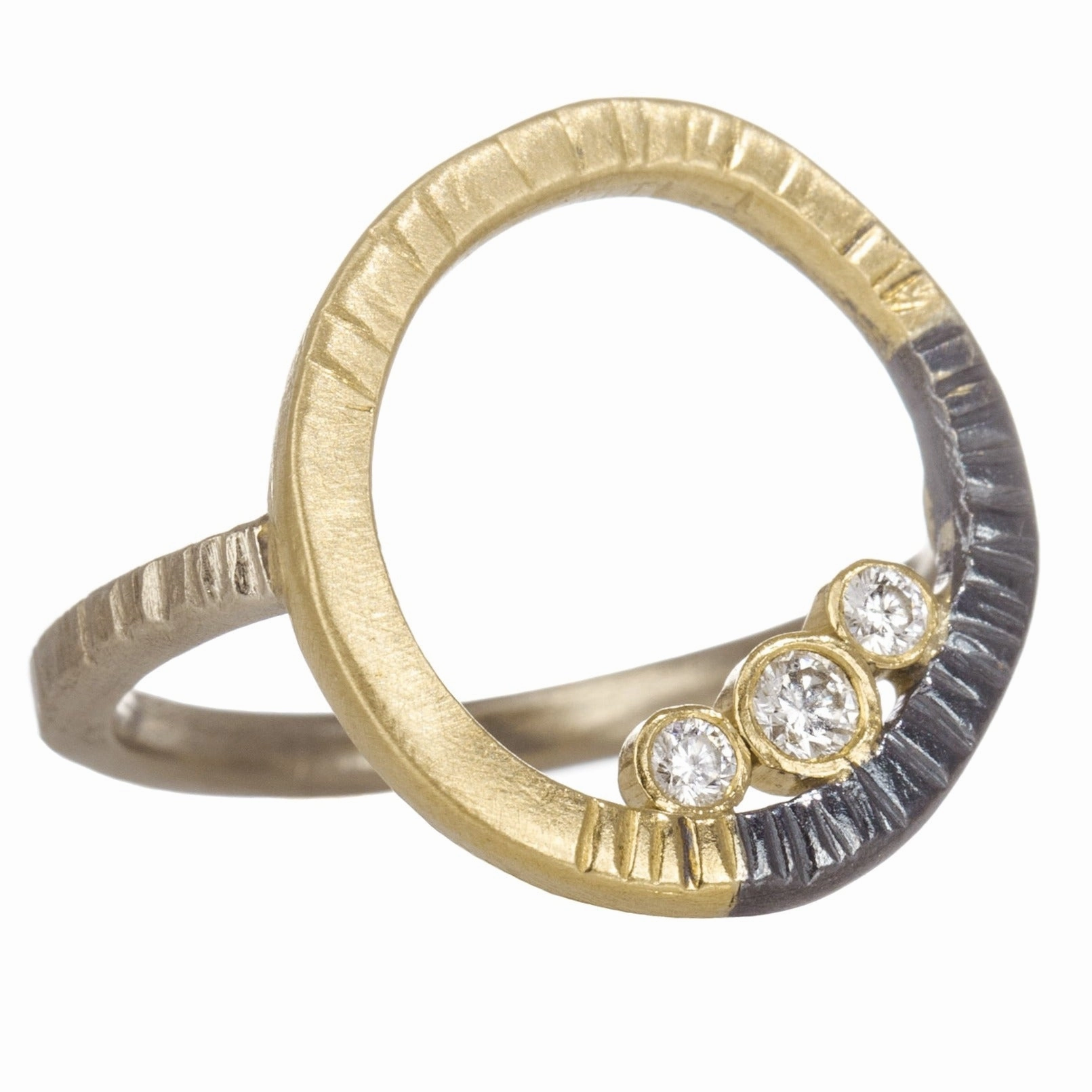 Balanced Accent Luxury Highlight Turning Aspen Ring- 18ky Gold, 14kpw Gold, Oxidized Silver   Reclaimed Diamonds