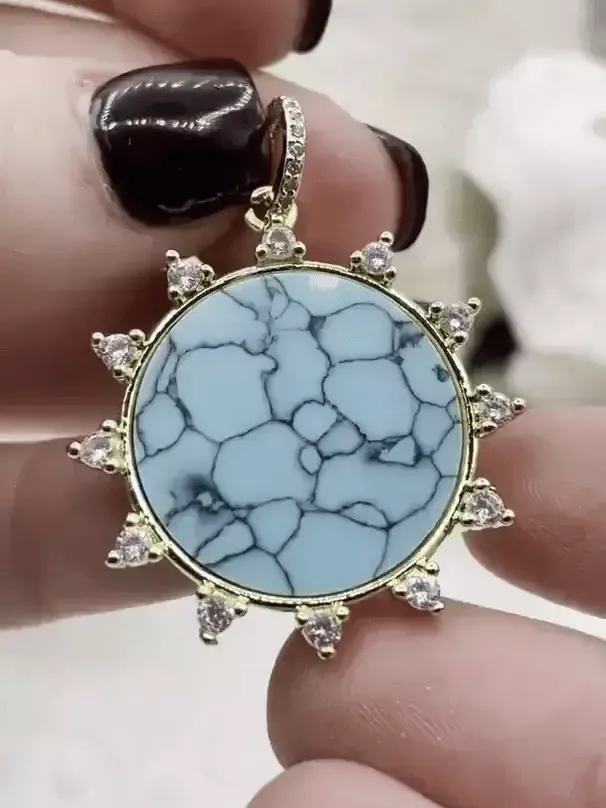 Sequined Jewelry Turquoise Pendant with CZ, Mother of Pearl Round Spike CZ Charm Cubic Zirconia, Brass Mother of Pearl and Howlite Pendant, 2 style Fast Ship