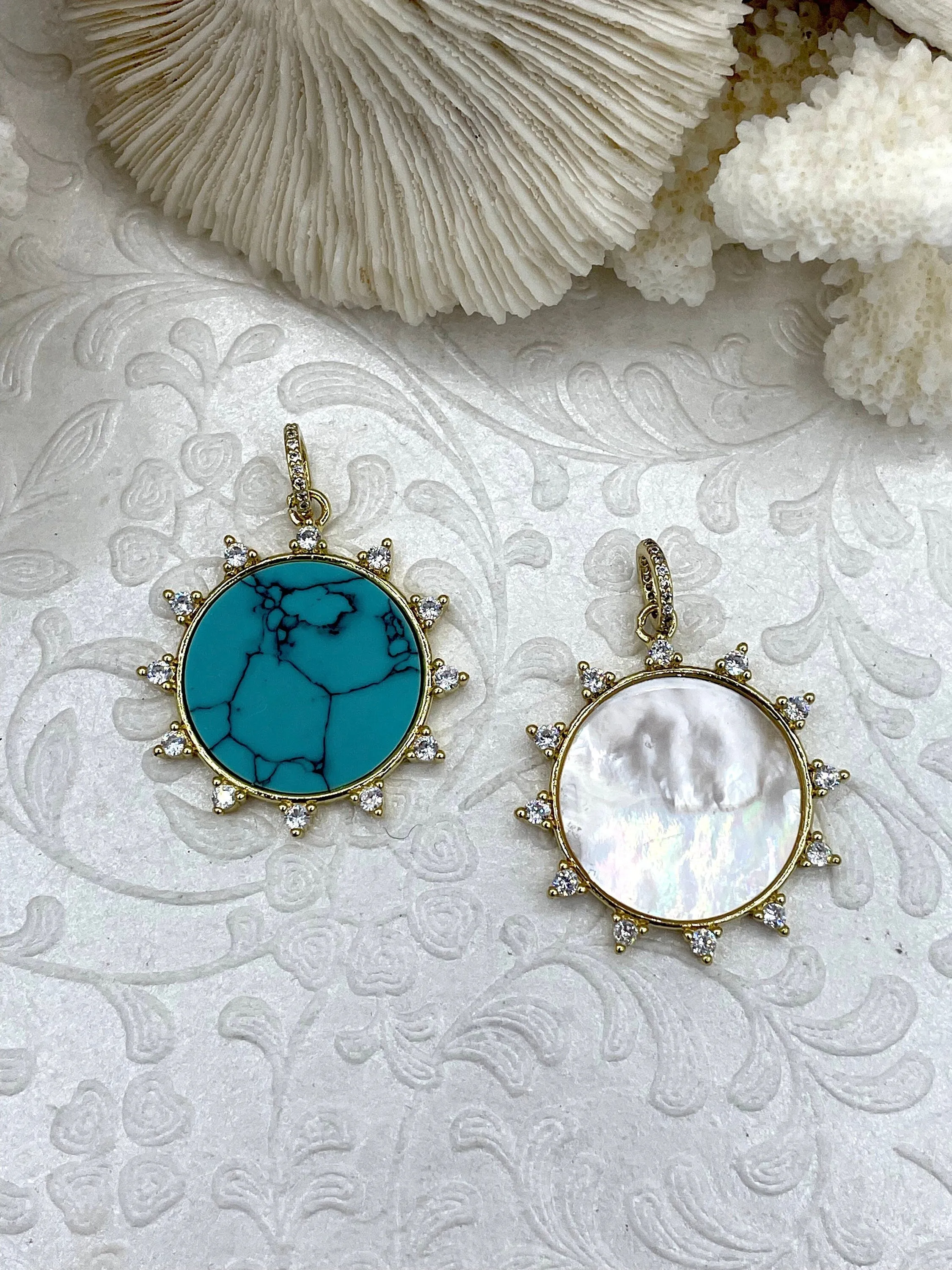 Graceful Look Spring Piece Turquoise Pendant with CZ, Mother of Pearl Round Spike CZ Charm Cubic Zirconia, Brass Mother of Pearl and Howlite Pendant, 2 style Fast Ship