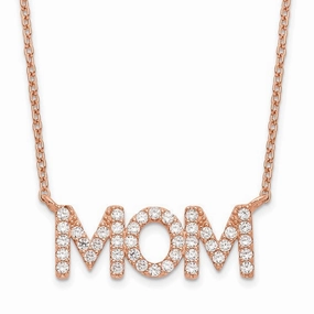 Sterling Silver Polished Rose-tone CZ MOM 18in Necklace Subtle Grace