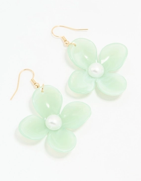Classy Vibe Gold Green Acrylic Pearl Center Flower Drop Earrings
