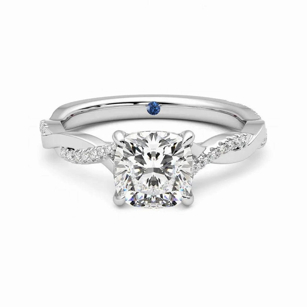 Shiny Lines Enchanted Sparkle Twisted Band Cushion Cut Moissanite Engagement Ring with Hidden Anniversary Stone Accent