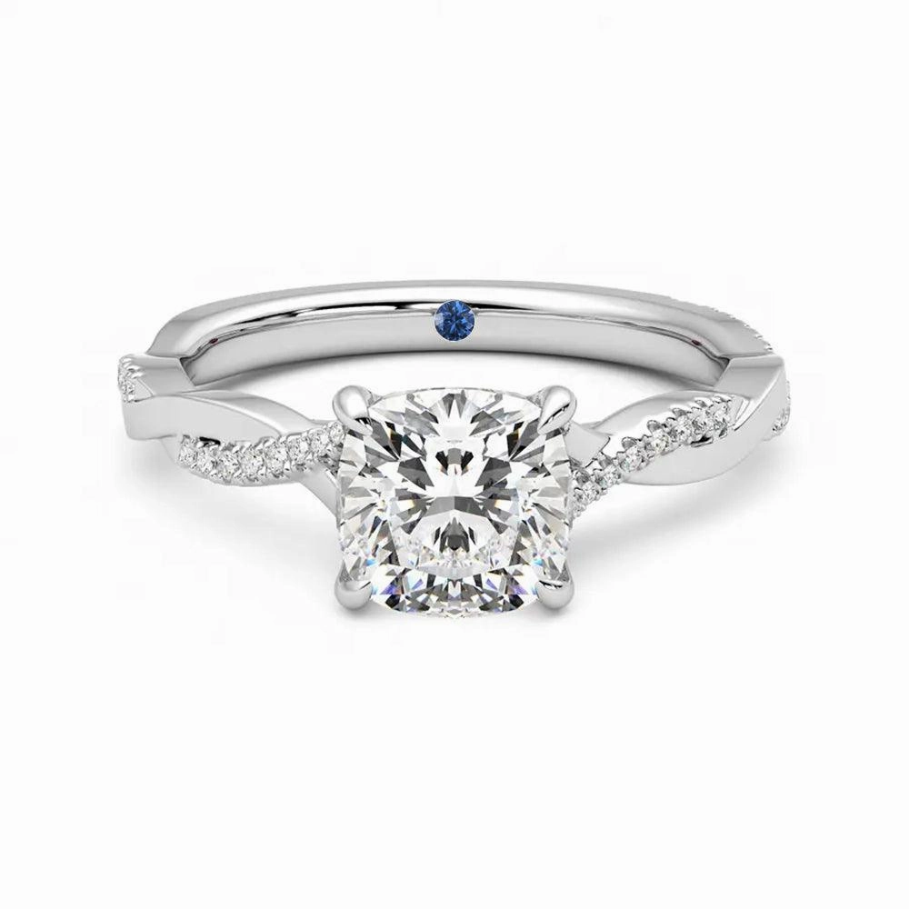 Twisted Band Cushion Cut Moissanite Engagement Ring with Hidden Anniversary Stone Accent Glam Mode party look
