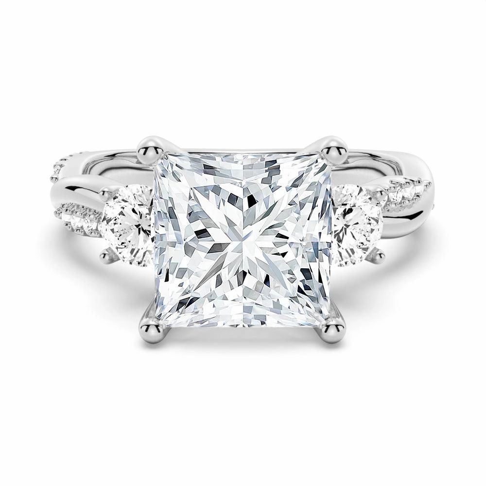 Sophisticated piece Twisted Band Princess Cut  Three Stone Moissanite Engagement Ring