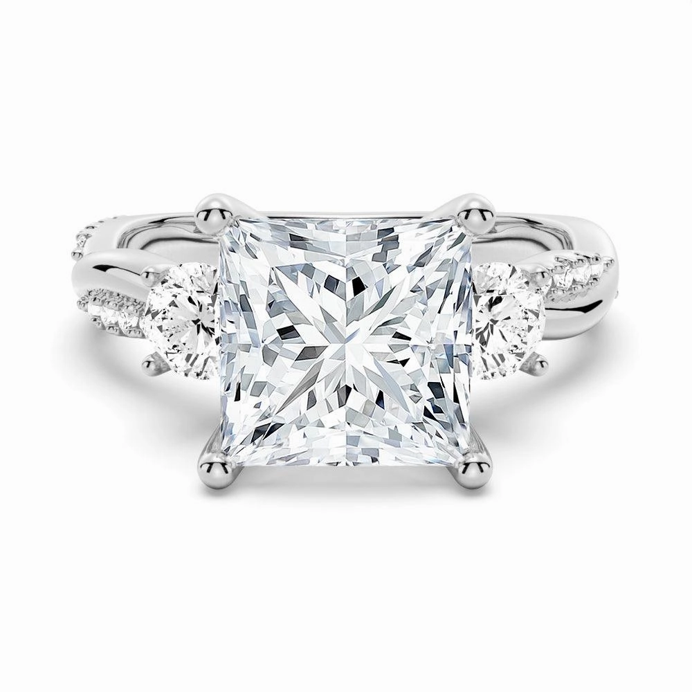Twisted Band Princess Cut  Three Stone Moissanite Engagement Ring Sculpted Finish