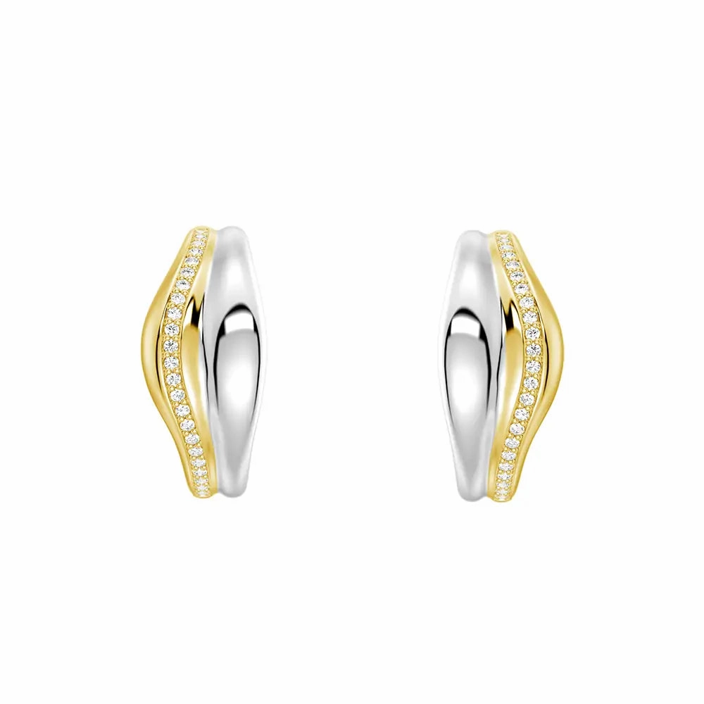 Two-Tone Semi Hoop Eearrings with Edge-Stitched Diamonds Shiny Radiance Sparkle Focus