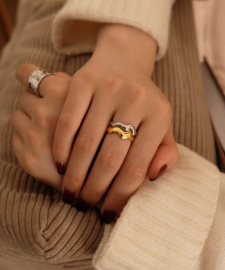 Captivating Style muted tone Two Tone Wavy Zigzag Duo Ring 18K Gold & Silver Stacking Ring | Irregular Shape Double Ring