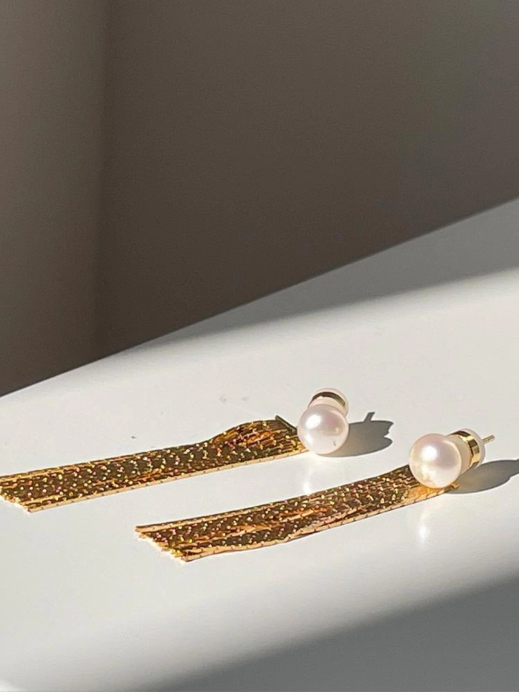 Opulent Sparkle Shiny Pieces Two-Way Freshwater Pearl Gold Long Tassel Ear Jackets