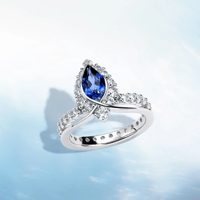 Classic Design "ENDLESS BLUE" Luxe Crown Pear Shaped Sapphire Ring