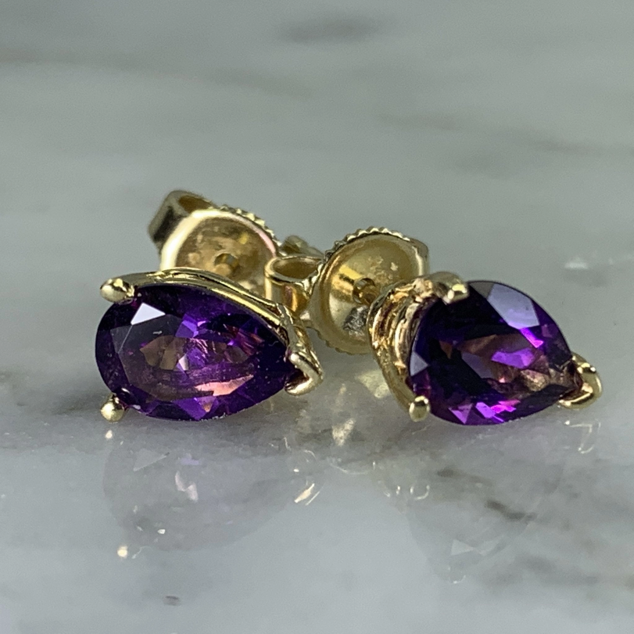 Luxury Shape Vintage Amethyst Earrings set in 14K Gold. February Birthstone. 6th Anniversary. Wedding Jewelry.