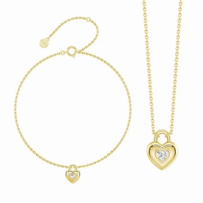 Graceful Piece Love Lock Heart Solitaire Moissanite Pendant Necklace And Bracelet Set