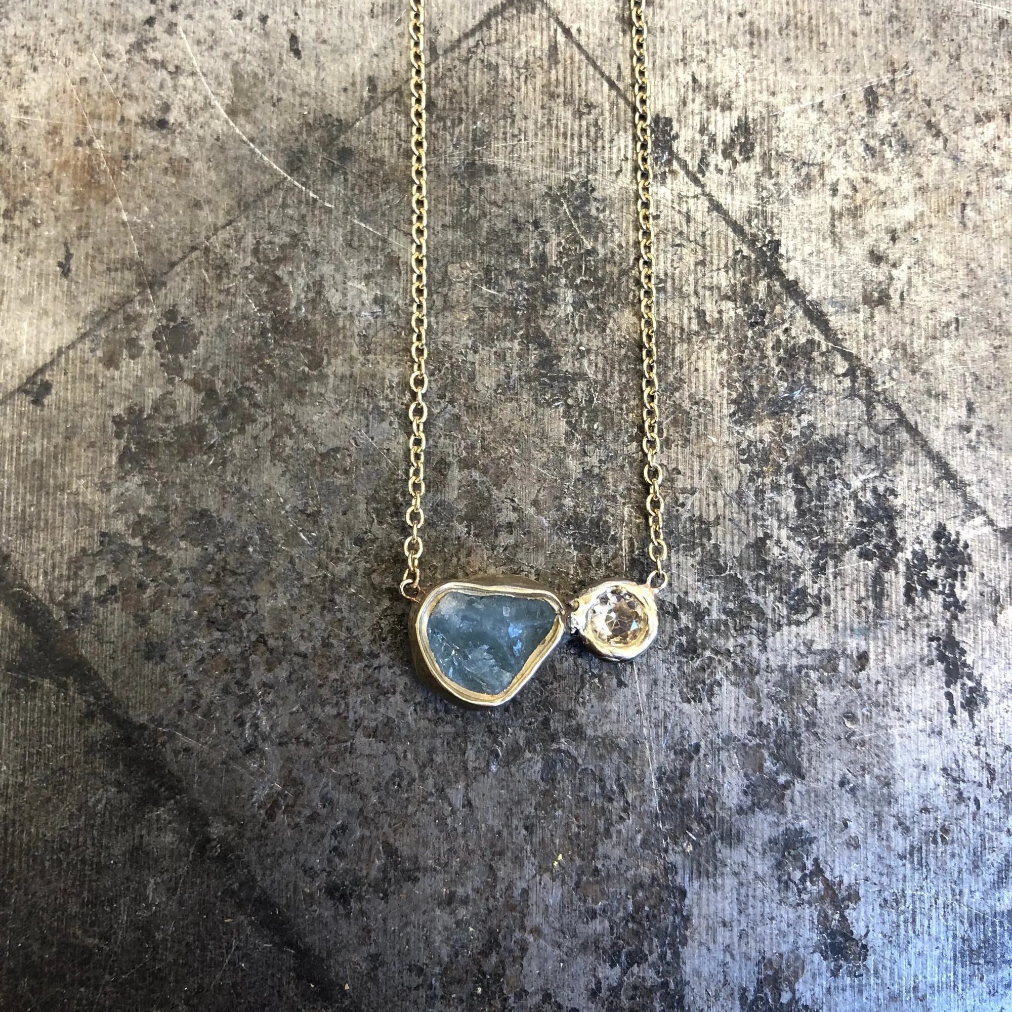 Moon & Stars Pendant - 14k Gold, Aquamarine   White Sapphire Radiant Embellishments Balanced Highlight