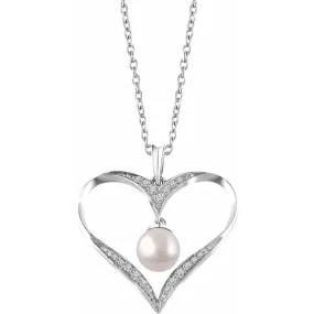 Soft Glimmer Date Style Sterling Silver Freshwater Cultured Pearl & 1/6 CTW Diamond Heart 16-18" Necklace
