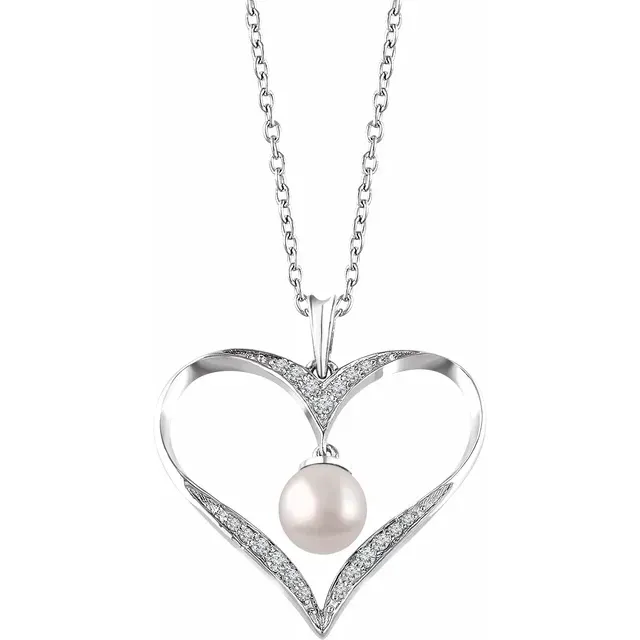Sterling Silver Freshwater Cultured Pearl & 1/6 CTW Diamond Heart 16-18" Necklace Bold Layer