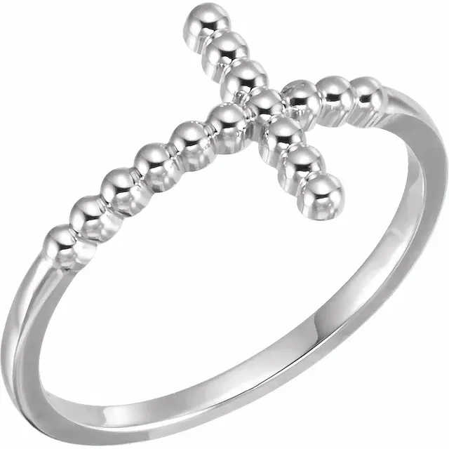 Corrosion resistant Sentimental Adornment 14K Yellow Beaded Sideways Cross Ring