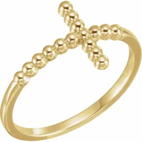 Groundbreaking Design 14K Yellow Beaded Sideways Cross Ring