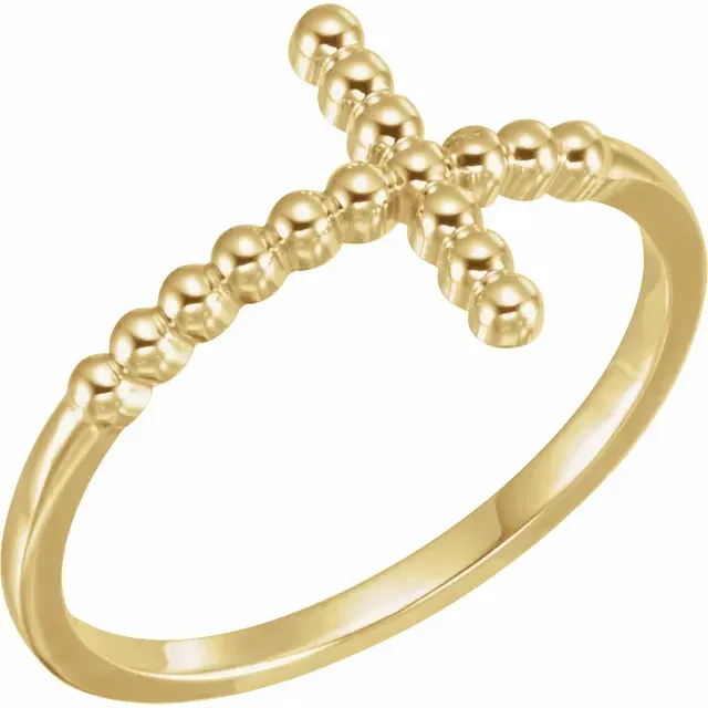 Groundbreaking Design 14K Yellow Beaded Sideways Cross Ring
