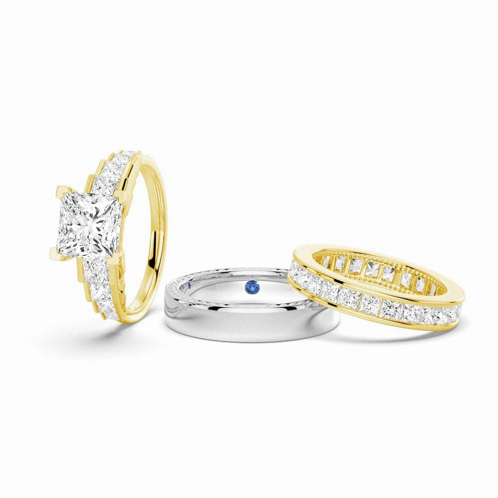 Unique Cinderella Staircase Princess Cut Moissanite Couple's Ring Set with Men's Wedding Band Vogue Touch