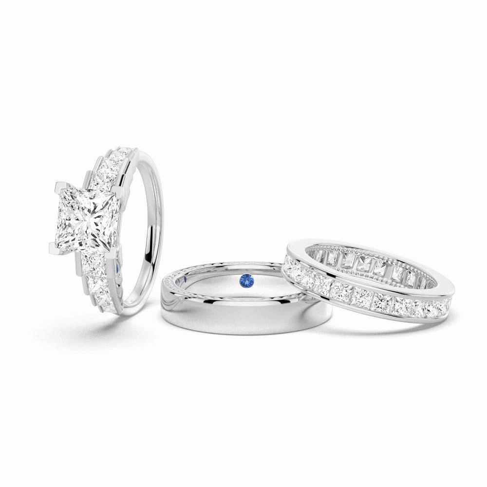 Radiant Form Unique Cinderella Staircase Princess Cut Moissanite Couple's Ring Set with Men's Wedding Band