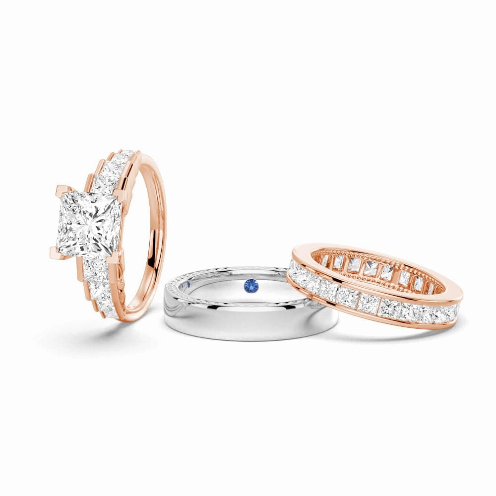 Unique Cinderella Staircase Princess Cut Moissanite Couple's Ring Set with Men's Wedding Band Holiday Glow