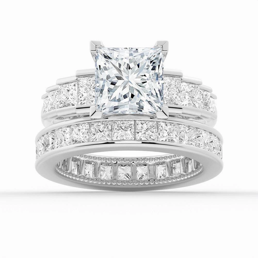 Radiant Craftwork Unique Cinderella Staircase Princess Cut Moissanite Ring Set with Matching Wedding Band