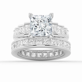Unique Cinderella Staircase Princess Cut Moissanite Ring Set with Matching Wedding Band Charming Treasures