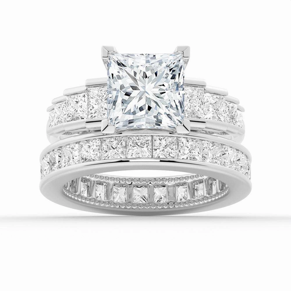 Unique Cinderella Staircase Princess Cut Moissanite Ring Set with Matching Wedding Band Day Accent