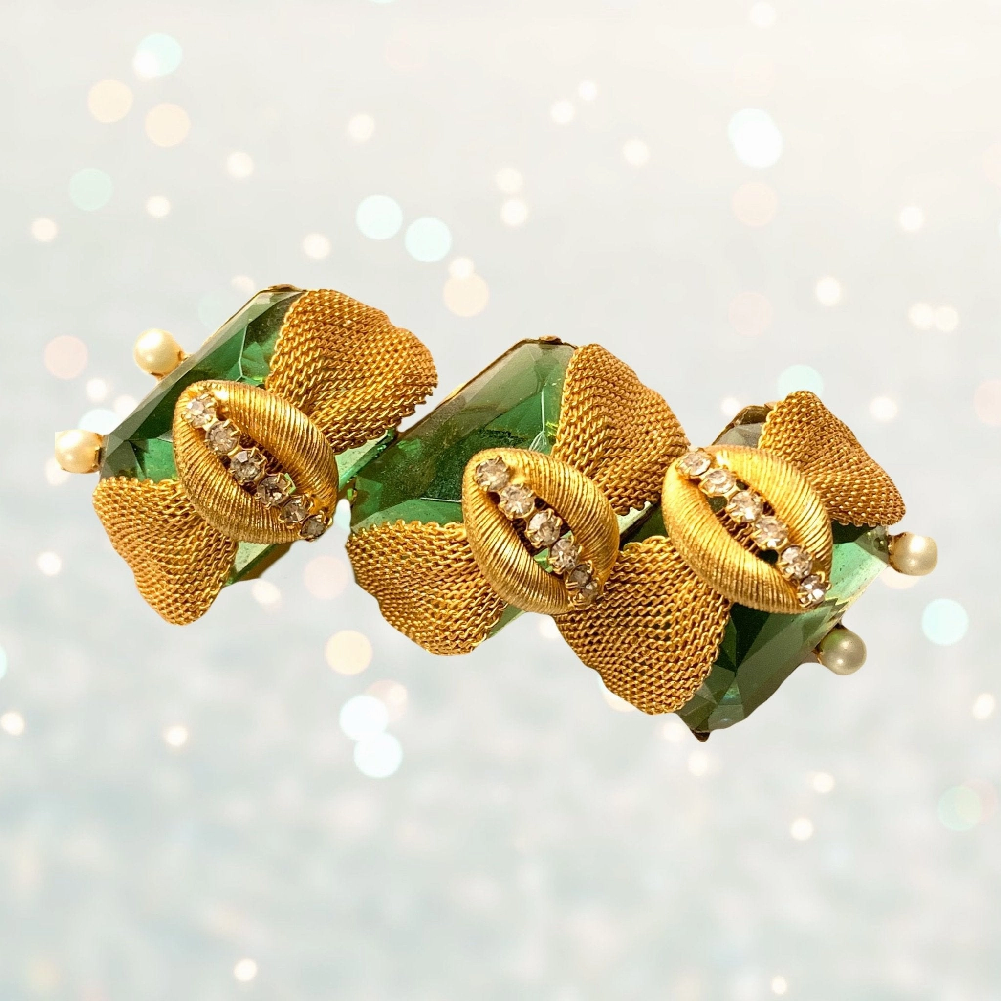 Vintage Avant Garde Gold Tone Brooch br Arnold Scaasi. Green Glass Stones Repurpose into a Necklace. Refined Detailing Refined Piece