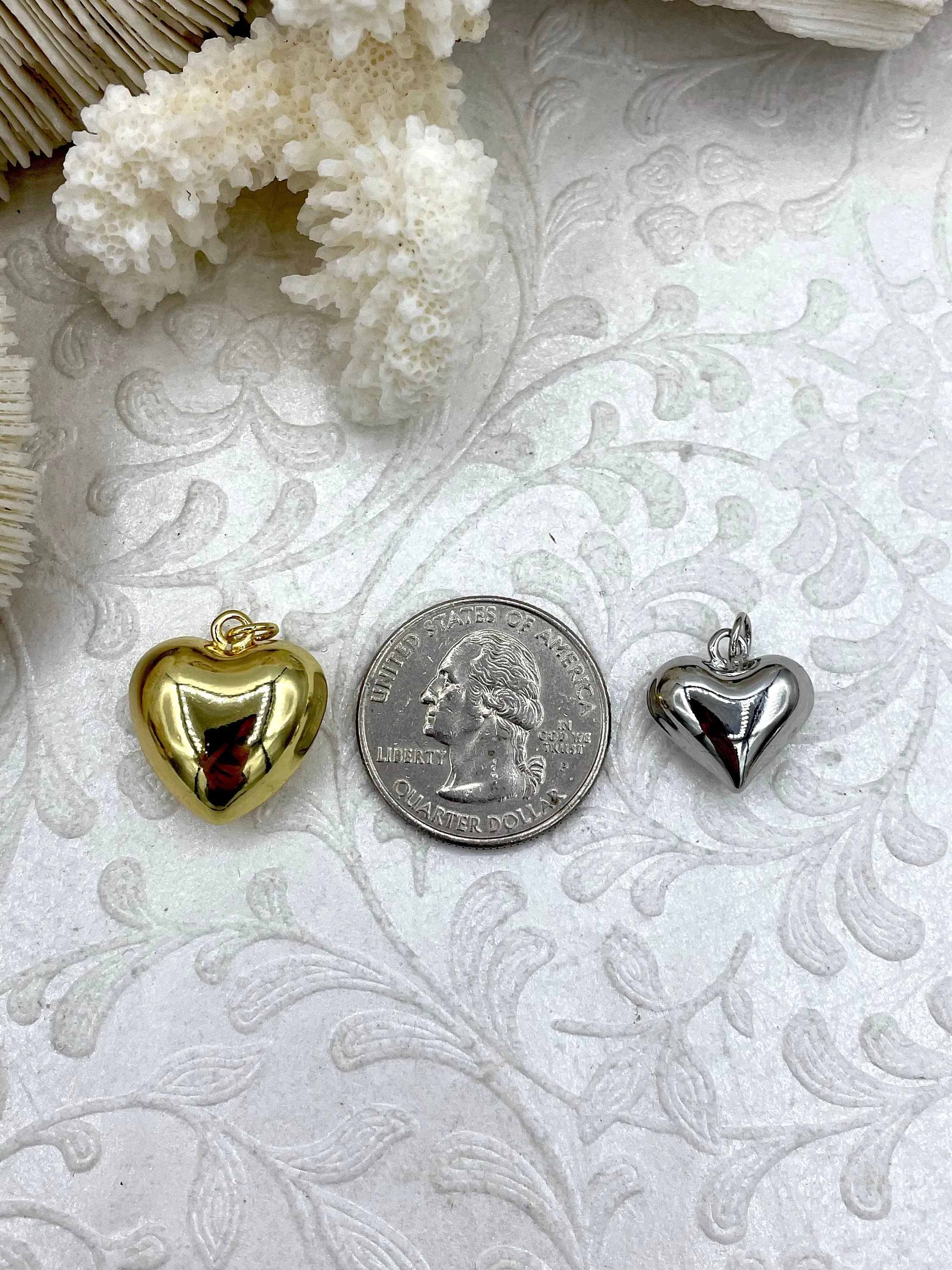 Brass Heart Charm/Pendants, Heart Pendants, Heart Gold or Silver Plated, 2 sizes, Plated Brass Charms, Small or Large. Fast Ship Excellent Ornament Winter Holiday Accessory