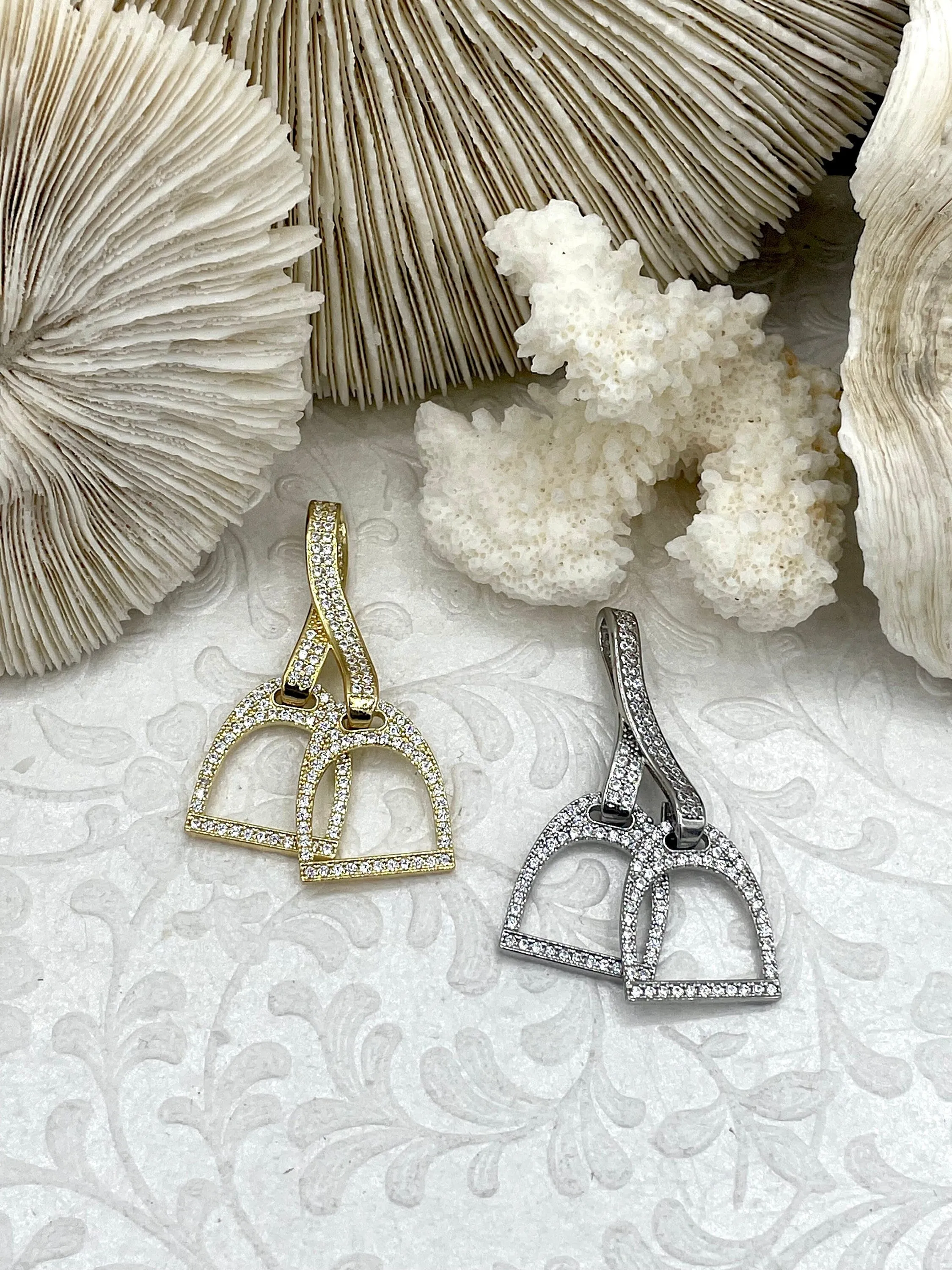 Mother??s Present Equestrian Stirrup Pendant High Quality Brass with CZ ,Cubic Zirconia Pendant, Stirrup Charm, Equestrian Charm Horses ,2 Finishes Fast Ship