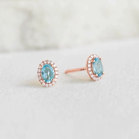 Swiss Blue Topaz Halo Stud Earrings Rose Gold - Marzia Iconic Appeal Sophisticated Touch