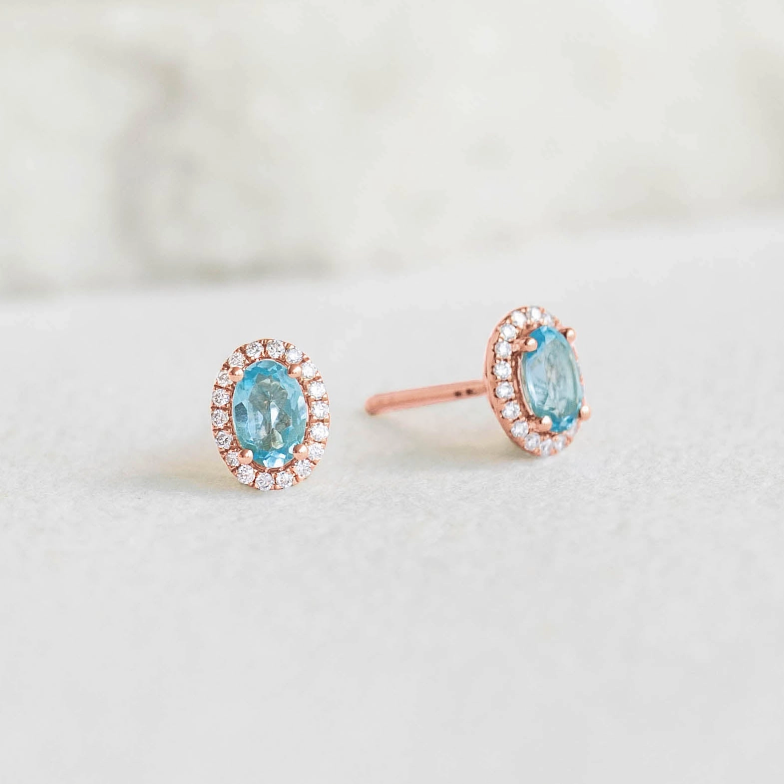 Swiss Blue Topaz Halo Stud Earrings Rose Gold - Marzia Iconic Appeal Sophisticated Touch