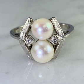 Vintage Akoya Pearl Ring with Diamonds Accents set in 14K White Gold. June's Birthstone. Event Edge